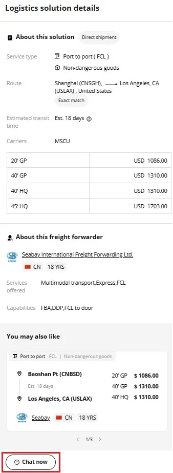 The "Chat" button also available in the Logistics solution details