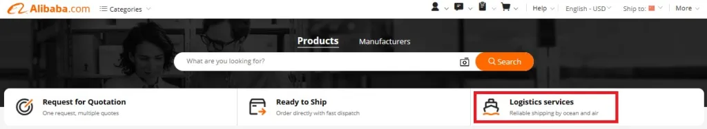 The "Logistics services" icon is at the top of Alibaba.com