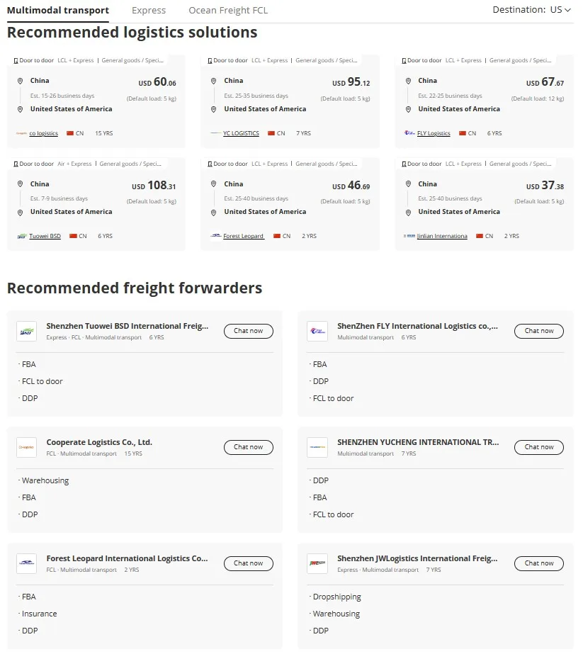 La pagina principale presenta gli spedizionieri e le soluzioni consigliati