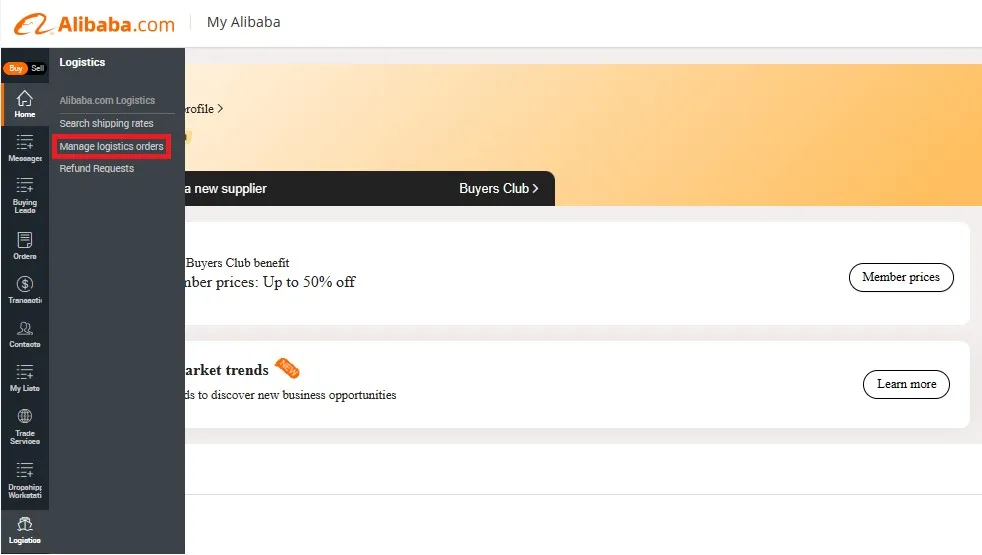 The "Manage Logistics Orders" feature is accessible from "My Alibaba"