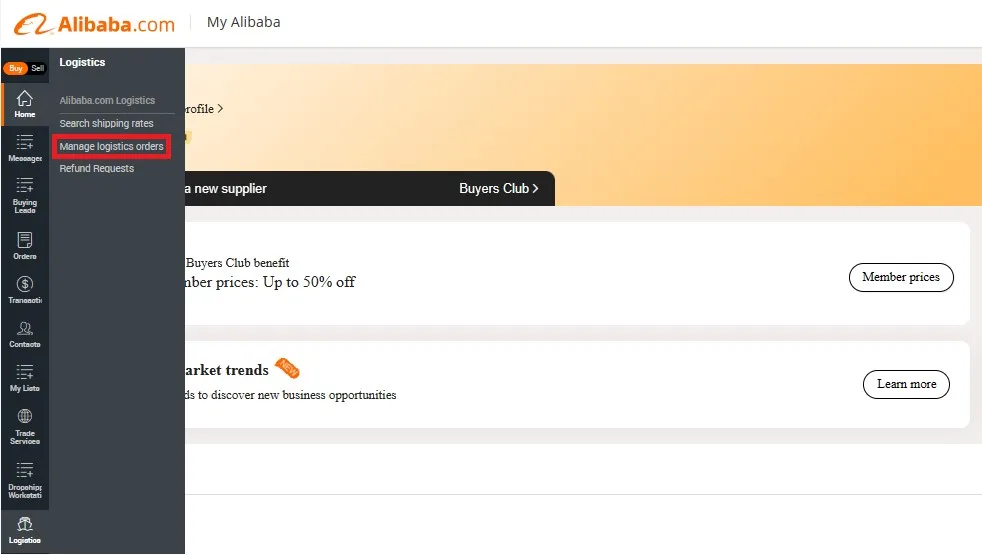 يمكن الوصول إلى ميزة "إدارة الطلبات اللوجستية" من "My Alibaba"