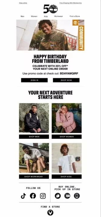 Timberland birthday email