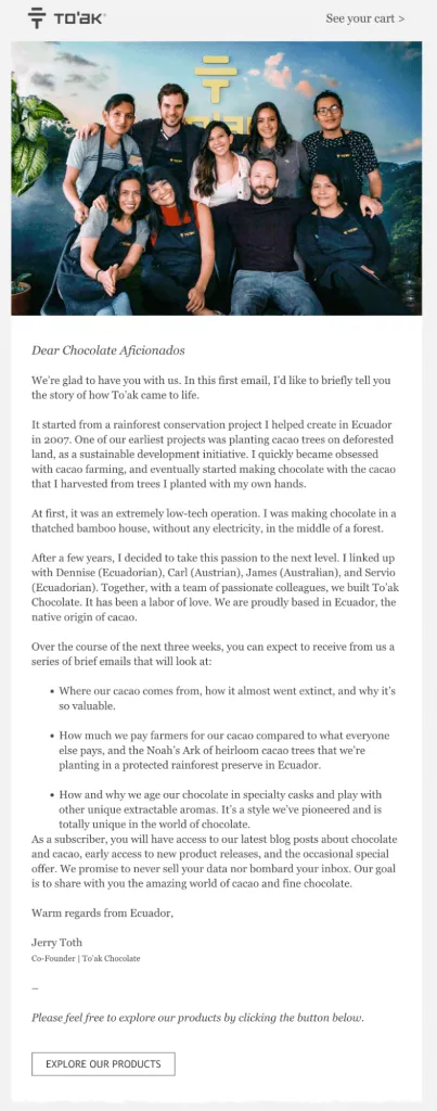 welcome email by Ta’ok Chocolate