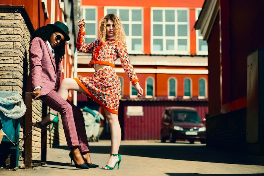 Woman in a suit and woman in a pencil skirt